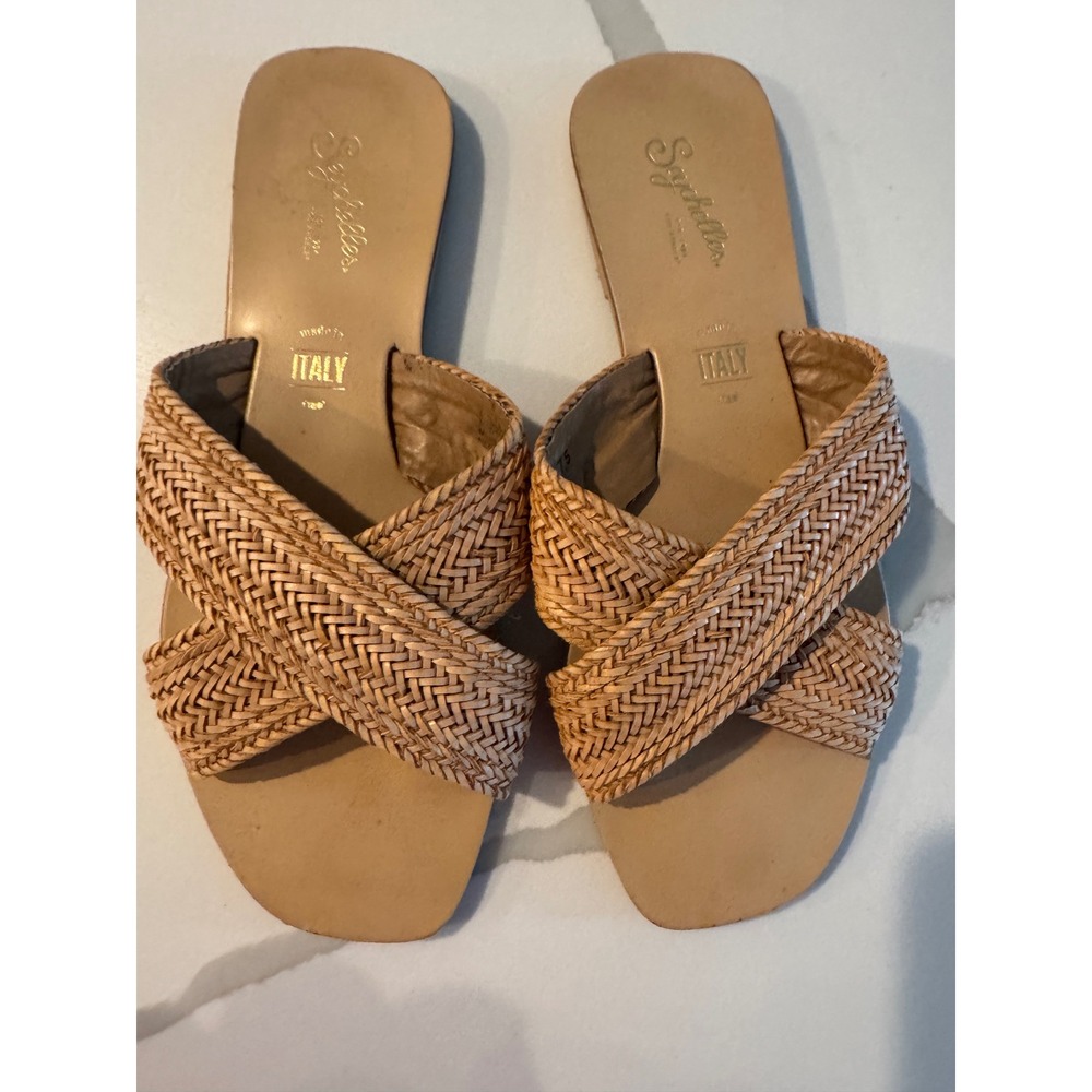 Seychelles Made in Italy Woven Cross Strap Slide Sandals Tan Straw Flat 7.5